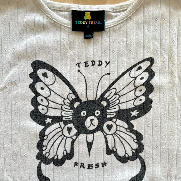 Teddy Fresh Women's Bear Butterfly White Pointelle Lettuce Edge Blouse size Med - Picture 2 of 5